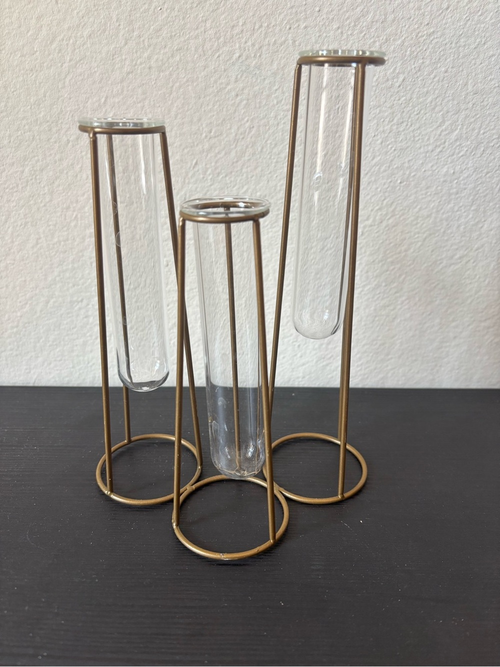 Glass Tube Bud Vases with Gold Metal Stands - Set of 3